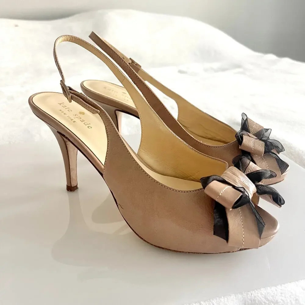 Kate Spade Billow Bow Peep Toe Shoes Size 6.5 Slingback Rockabilly Coquette Vamp